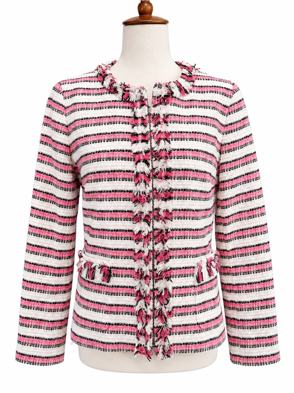 Talbots Pink, White & Black Striped Tweed Fringe Jacket Blazer 2